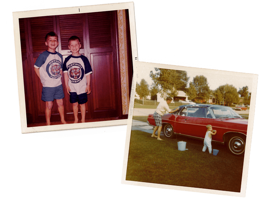 Paul Junge as a young boy with another young boy and Paul Junge washing a car as a toddler